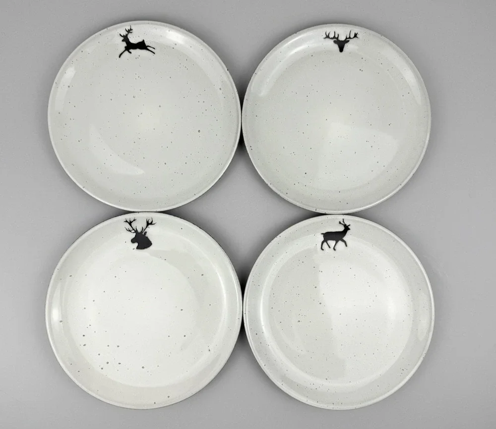Pottery Barn Rustic Forest STAG Salad Plates SET OF 4 Reindeer Christmas Winter